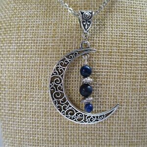 Silver filigree moon pendant with lapis lazuli, 18” chain